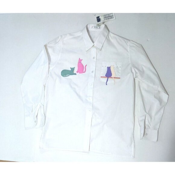 Infinity Fashion Button Down Shirt Womens M White Cat Appliques Rhinestones NWT - Picture 4 of 7